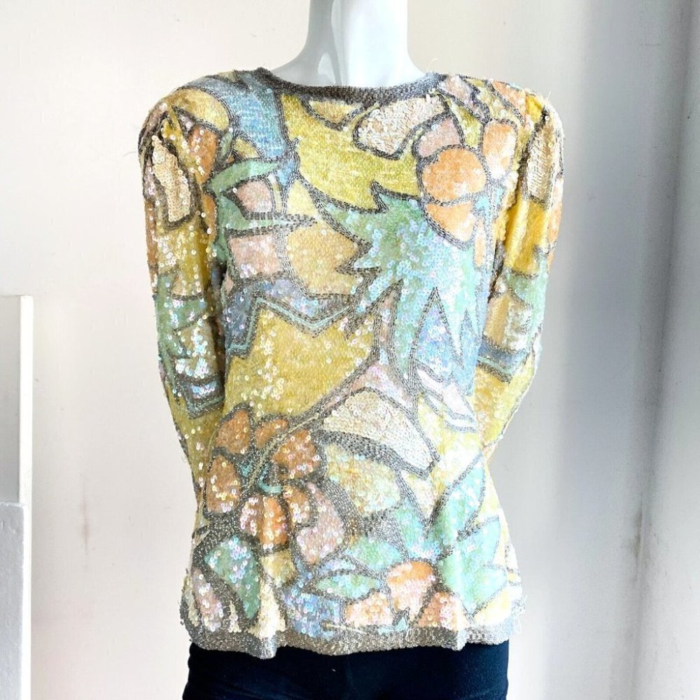 COPY - Vintage Oleg Cassini Black Tie PAstel Colours Fully Beaded Sequin  Top S